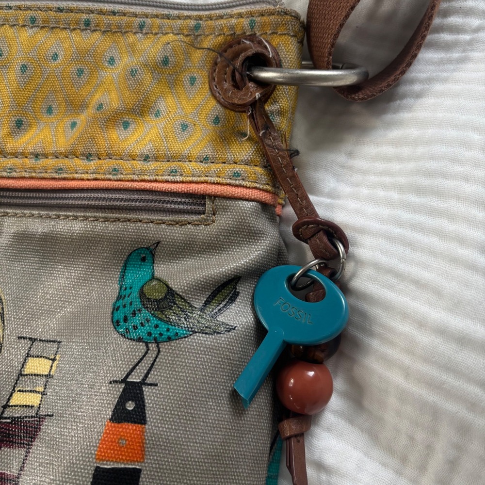 Fossil Key-Per Bird Print Coated Canvas Crossbody Bag Gray Yellow Multi - Picture 2 of 8